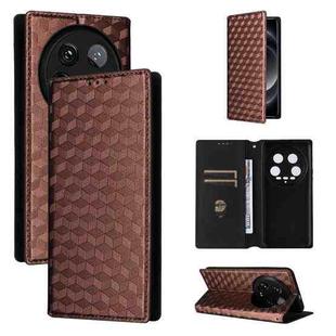 For Xiaomi 14 Ultra Cubic Grid Texture Flip Leather Phone Case(Brown)