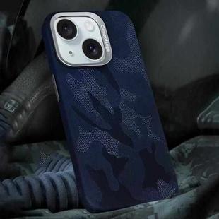 For iPhone 15 Camouflage Leather Metal Frame MagSafe PC Phone Case(Blue)