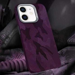 For iPhone 12 / 12 Pro Camouflage Leather Metal Frame MagSafe PC Phone Case(Dark Purple)