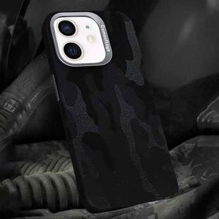 For iPhone 12 / 12 Pro Camouflage Leather Metal Frame MagSafe PC Phone Case(Black)