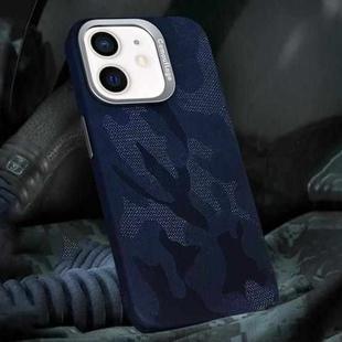 For iPhone 12 / 12 Pro Camouflage Leather Metal Frame MagSafe PC Phone Case(Blue)