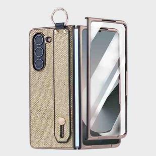 For Samsung Galaxy Z Fold6 5G Integrated Electroplated PC Glitter Texture Shockproof Phone Case with Wrist Strap / Ring(Gold)