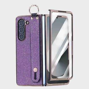 For Samsung Galaxy Z Fold6 5G Integrated Electroplated PC Glitter Texture Shockproof Phone Case with Wrist Strap / Ring(Purple)