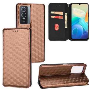 For vivo Y76 5G / Y76s 5G Cubic Grid Texture Flip Leather Phone Case(Brown)