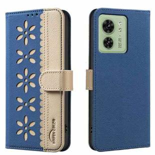 For Motorola Edge 40 Splicing Color Hollow Flower Pattern RFID Leather Phone Case(Dark Blue)