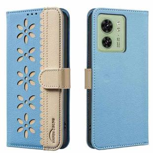 For Motorola Edge 40 Splicing Color Hollow Flower Pattern RFID Leather Phone Case(Baby Blue)