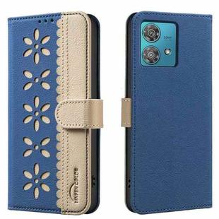 For Motorola Edge 40 Neo Splicing Color Hollow Flower Pattern RFID Leather Phone Case(Dark Blue)