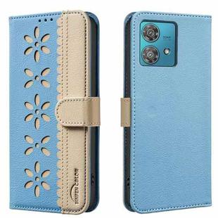 For Motorola Edge 40 Neo Splicing Color Hollow Flower Pattern RFID Leather Phone Case(Baby Blue)