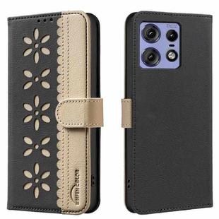 For Motorola Edge 50 Pro Splicing Color Hollow Flower Pattern RFID Leather Phone Case(Black)