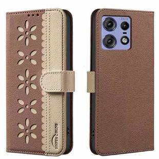 For Motorola Edge 50 Pro Splicing Color Hollow Flower Pattern RFID Leather Phone Case(Brown)