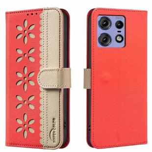 For Motorola Edge 50 Pro Splicing Color Hollow Flower Pattern RFID Leather Phone Case(Red)