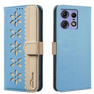 For Motorola Edge 50 Pro Splicing Color Hollow Flower Pattern RFID Leather Phone Case(Baby Blue)
