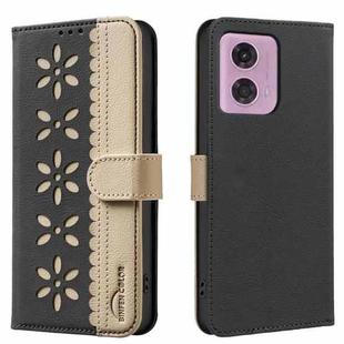 For Motorola Moto G04 / G24 / E14 Splicing Color Hollow Flower Pattern RFID Leather Phone Case(Black)