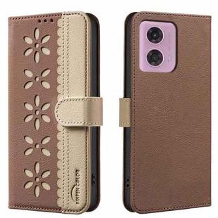 For Motorola Moto G04 / G24 / E14 Splicing Color Hollow Flower Pattern RFID Leather Phone Case(Brown)