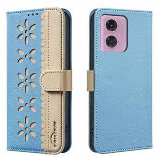 For Motorola Moto G04 / G24 / E14 Splicing Color Hollow Flower Pattern RFID Leather Phone Case(Baby Blue)