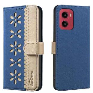 For Motorola Moto G05 / E15 Splicing Color Hollow Flower Pattern RFID Leather Phone Case(Dark Blue)