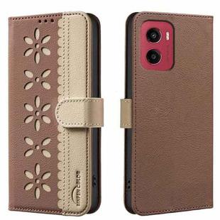 For Motorola Moto G05 / E15 Splicing Color Hollow Flower Pattern RFID Leather Phone Case(Brown)