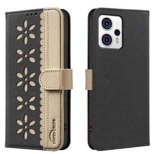For Motorola Moto G13 4G / G23 4G Splicing Color Hollow Flower Pattern RFID Leather Phone Case(Black)