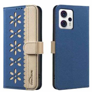 For Motorola Moto G13 4G / G23 4G Splicing Color Hollow Flower Pattern RFID Leather Phone Case(Dark Blue)