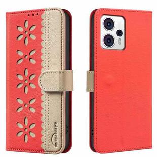 For Motorola Moto G13 4G / G23 4G Splicing Color Hollow Flower Pattern RFID Leather Phone Case(Red)