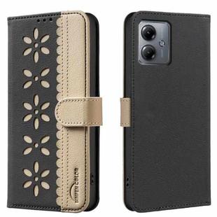 For Motorola Moto G14 4G / G54 5G EU Splicing Color Hollow Flower Pattern RFID Leather Phone Case(Black)