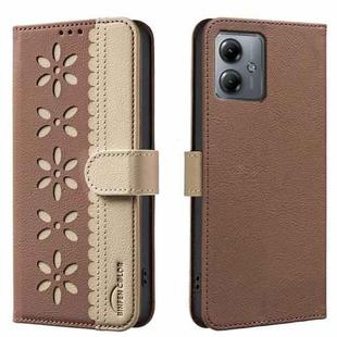 For Motorola Moto G14 4G / G54 5G EU Splicing Color Hollow Flower Pattern RFID Leather Phone Case(Brown)