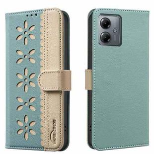 For Motorola Moto G14 4G / G54 5G EU Splicing Color Hollow Flower Pattern RFID Leather Phone Case(Green)