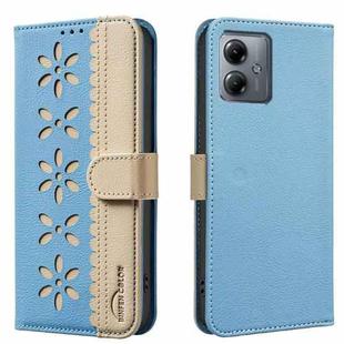 For Motorola Moto G14 4G / G54 5G EU Splicing Color Hollow Flower Pattern RFID Leather Phone Case(Baby Blue)