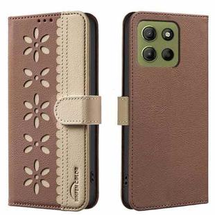 For Motorola Moto G15 Splicing Color Hollow Flower Pattern RFID Leather Phone Case(Brown)