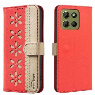 For Motorola Moto G15 Splicing Color Hollow Flower Pattern RFID Leather Phone Case(Red)