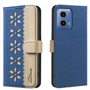 For Motorola Moto G34 Splicing Color Hollow Flower Pattern RFID Leather Phone Case(Dark Blue)