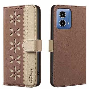 For Motorola Moto G34 Splicing Color Hollow Flower Pattern RFID Leather Phone Case(Brown)