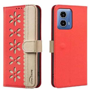 For Motorola Moto G34 Splicing Color Hollow Flower Pattern RFID Leather Phone Case(Red)