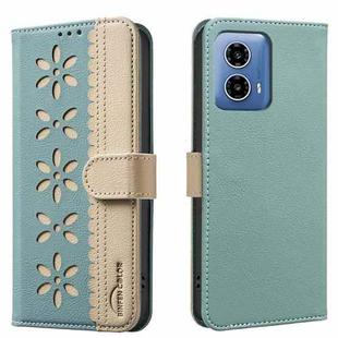 For Motorola Moto G34 Splicing Color Hollow Flower Pattern RFID Leather Phone Case(Green)