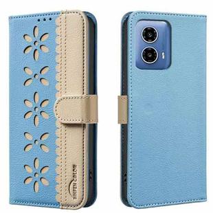 For Motorola Moto G34 Splicing Color Hollow Flower Pattern RFID Leather Phone Case(Baby Blue)