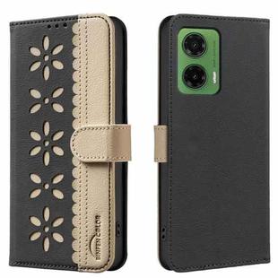 For Motorola Moto G35 Splicing Color Hollow Flower Pattern RFID Leather Phone Case(Black)