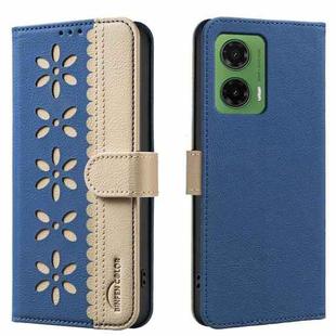 For Motorola Moto G35 Splicing Color Hollow Flower Pattern RFID Leather Phone Case(Dark Blue)