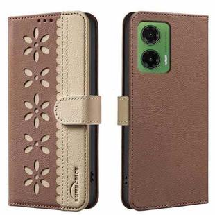 For Motorola Moto G35 Splicing Color Hollow Flower Pattern RFID Leather Phone Case(Brown)