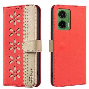 For Motorola Moto G35 Splicing Color Hollow Flower Pattern RFID Leather Phone Case(Red)