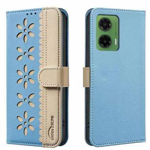For Motorola Moto G35 Splicing Color Hollow Flower Pattern RFID Leather Phone Case(Baby Blue)