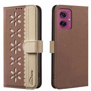 For Motorola Moto G55 Splicing Color Hollow Flower Pattern RFID Leather Phone Case(Brown)