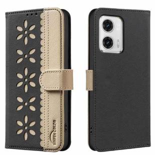 For Motorola Moto G73 Splicing Color Hollow Flower Pattern RFID Leather Phone Case(Black)