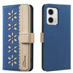 For Motorola Moto G73 Splicing Color Hollow Flower Pattern RFID Leather Phone Case(Dark Blue)