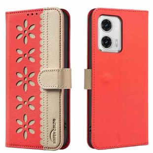 For Motorola Moto G73 Splicing Color Hollow Flower Pattern RFID Leather Phone Case(Red)