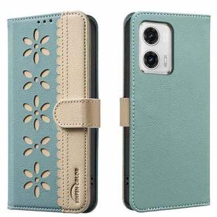 For Motorola Moto G73 Splicing Color Hollow Flower Pattern RFID Leather Phone Case(Green)