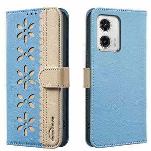 For Motorola Moto G73 Splicing Color Hollow Flower Pattern RFID Leather Phone Case(Baby Blue)
