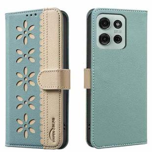 For Motorola Moto G75 5G Splicing Color Hollow Flower Pattern RFID Leather Phone Case(Green)