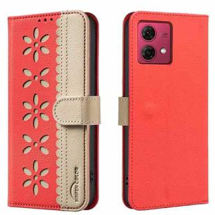 For Motorola Moto G84 Splicing Color Hollow Flower Pattern RFID Leather Phone Case(Red)