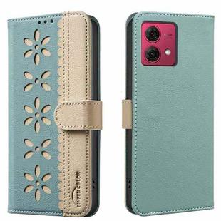 For Motorola Moto G84 Splicing Color Hollow Flower Pattern RFID Leather Phone Case(Green)