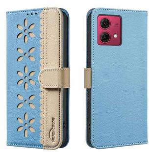 For Motorola Moto G84 Splicing Color Hollow Flower Pattern RFID Leather Phone Case(Baby Blue)